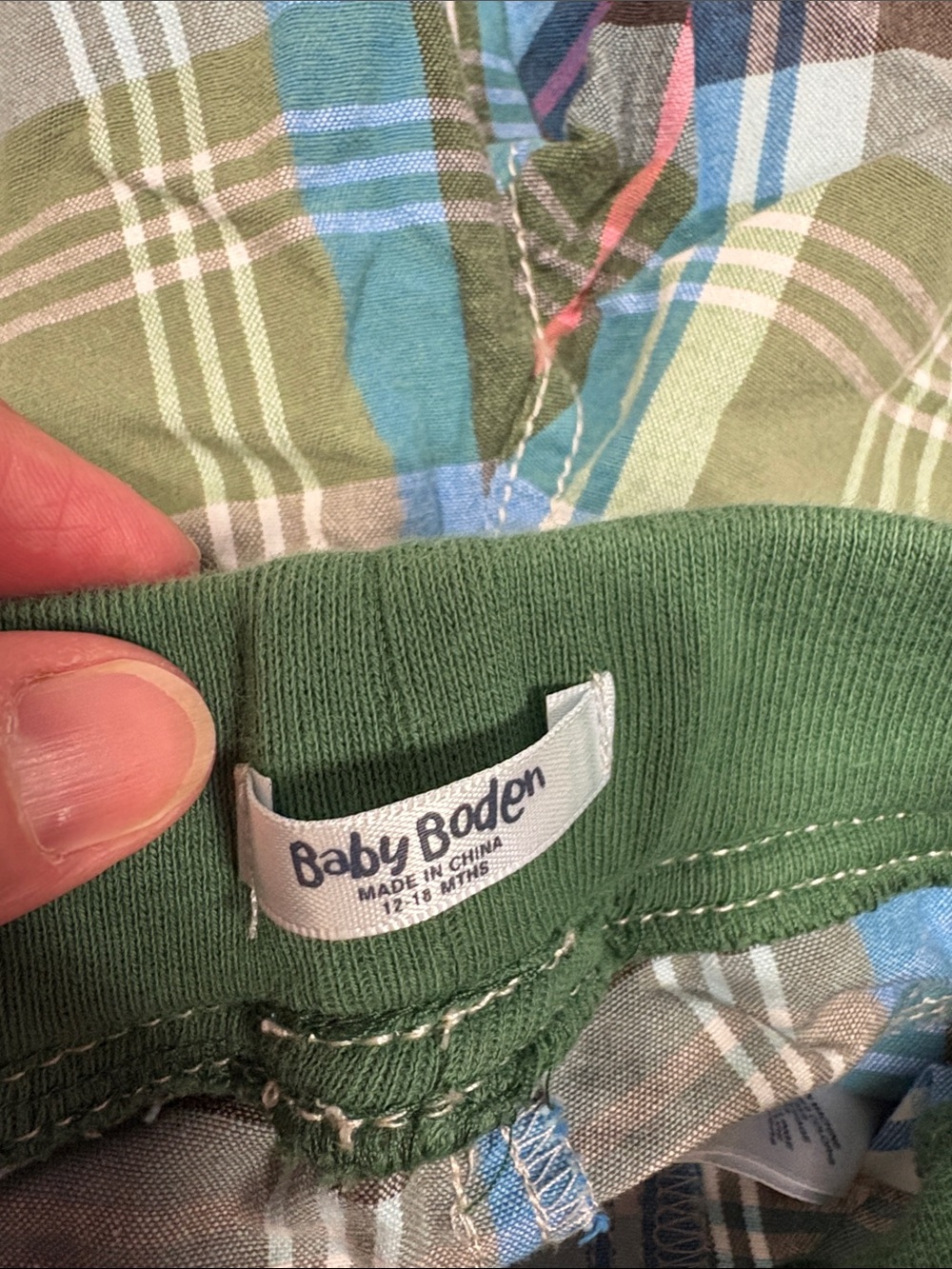 Baby Boden Green Blue Plaid Cargo Pants elastic waist drawstring cargo 12/18m - Picture 6 of 8